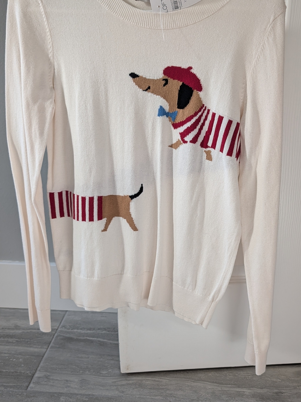 LOFT Cream Sweater with Red Striped Dachshund Motif